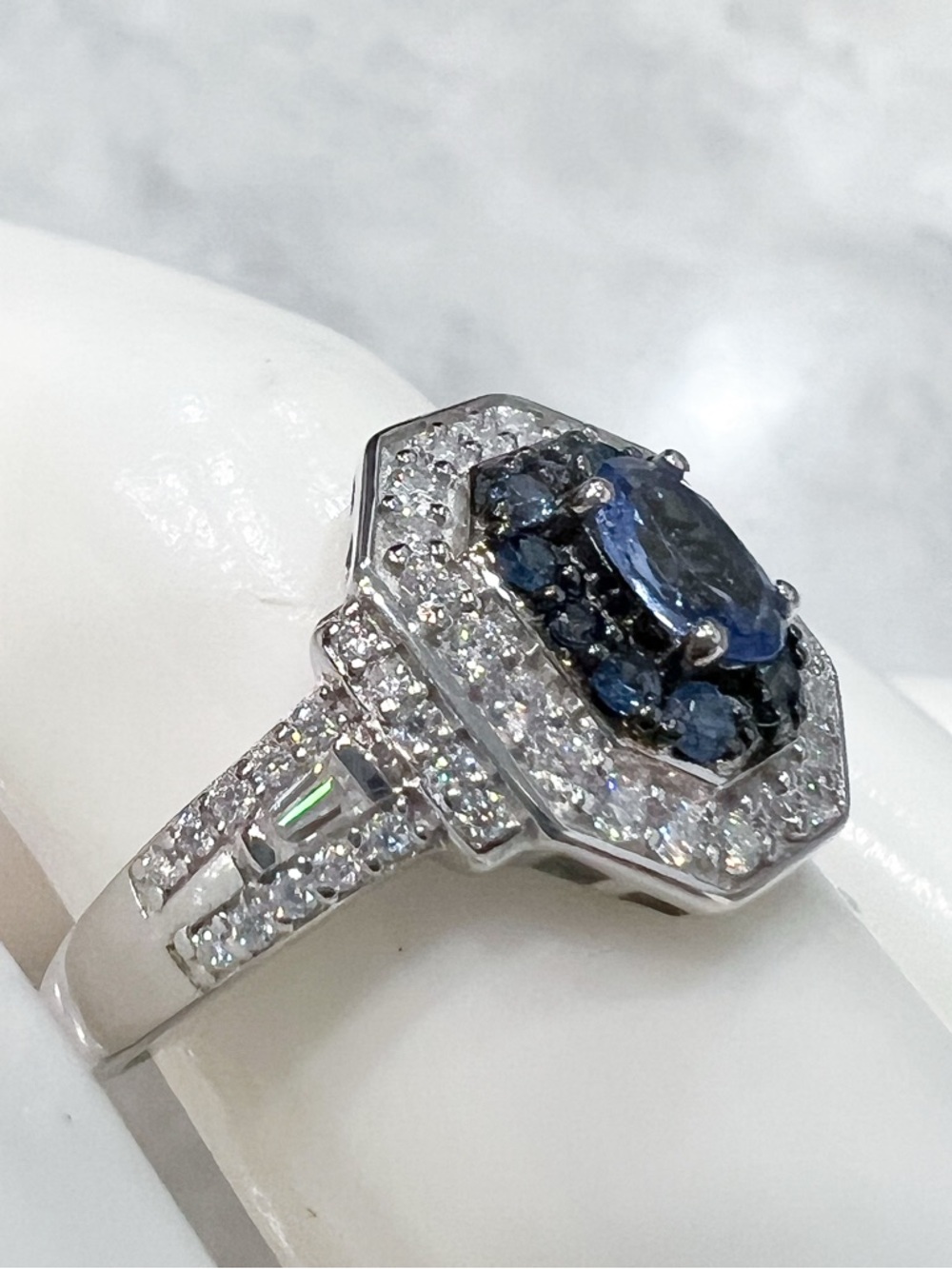 Ceylon Blue Sapphire &Moissanite Sterling Silver Double Halo Ring Sz 8 - Picture 8 of 12